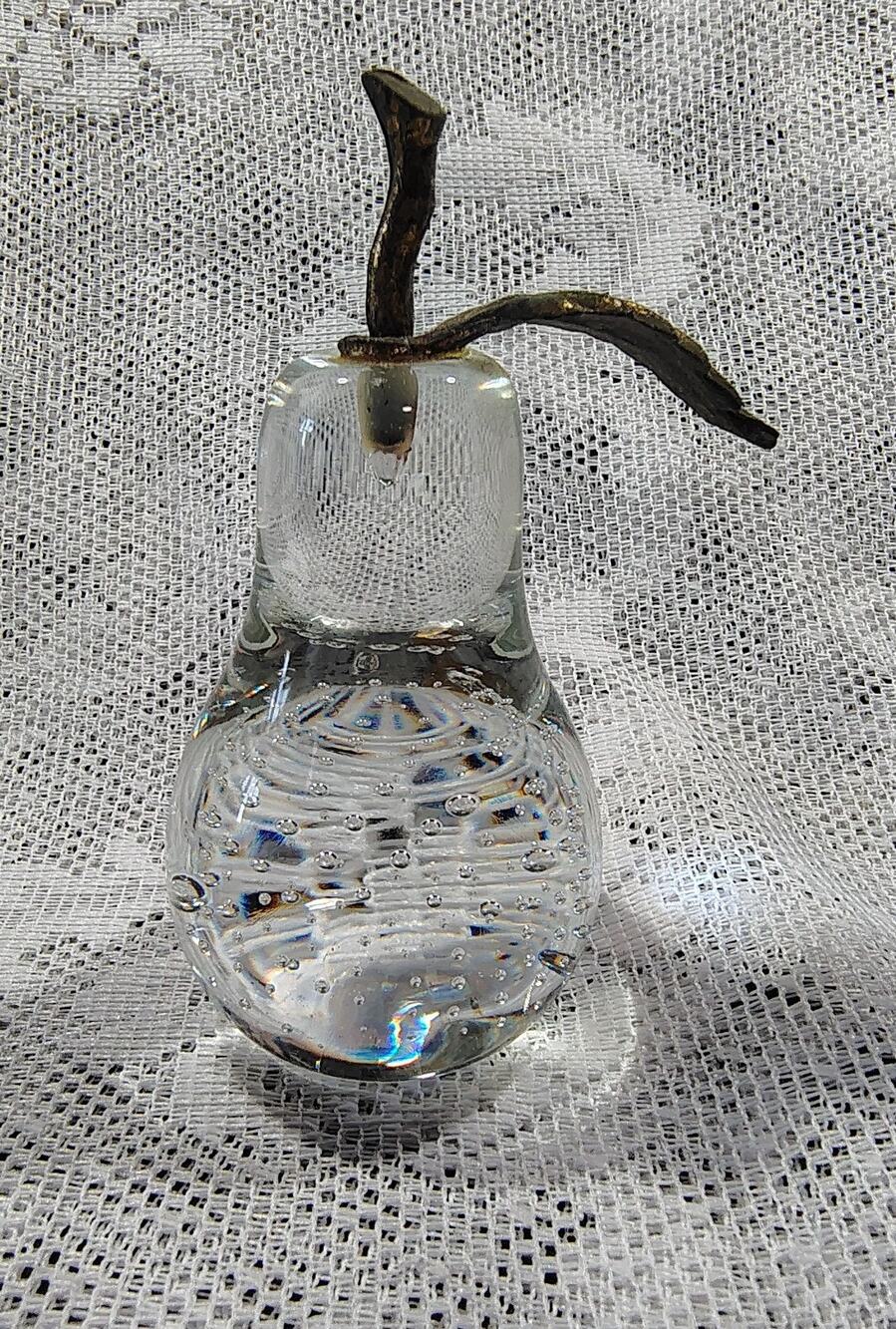 Vtg Clear Glass Pear Paperweight Blown Bubbles & Brass Stem Desk Study 4" MCM